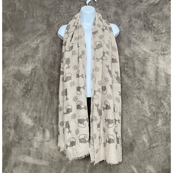 Womens Black Cat Rectangle Scarf Gray Lightweight Halloween Fall Frayed Neutral - Picture 1 of 10